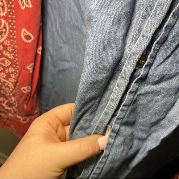 Vintage American blue men denim bandana red print long sleeve men button down XL - Picture 5 of 7